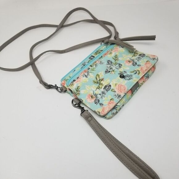 Mint Pink Floral Canvas Like Crossbody/Wristlet Bag. - Picture 14 of 14